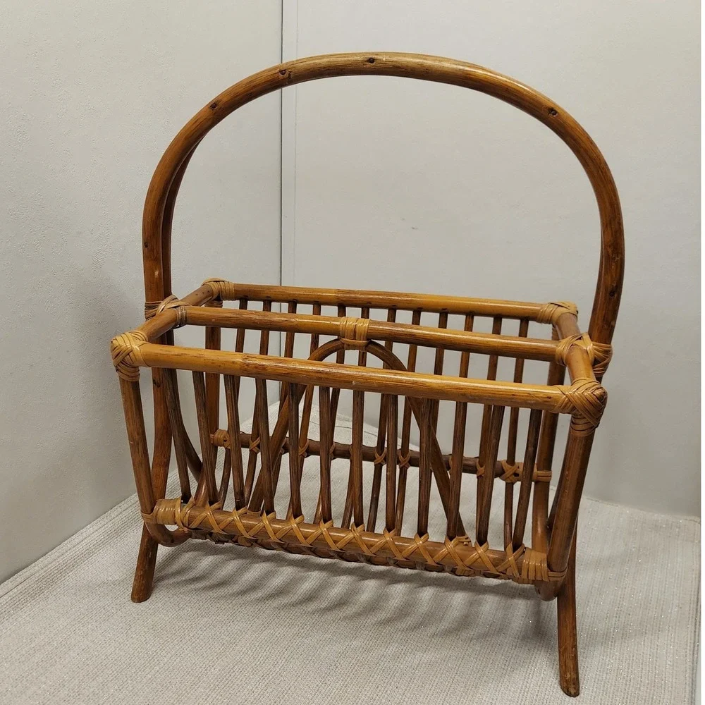 Vintage Rattan Bamboo Magazine Holder Rack Boho Style Basket Mid Century